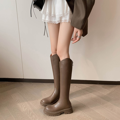 圆头厚底真皮烟筒靴女英伦风不过西部牛仔膝骑士长靴高筒瘦瘦靴子