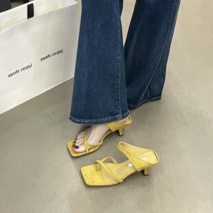 法式复古风绒面夹趾凉拖鞋女夏细跟气质外穿凉鞋夏季露趾高跟凉鞋