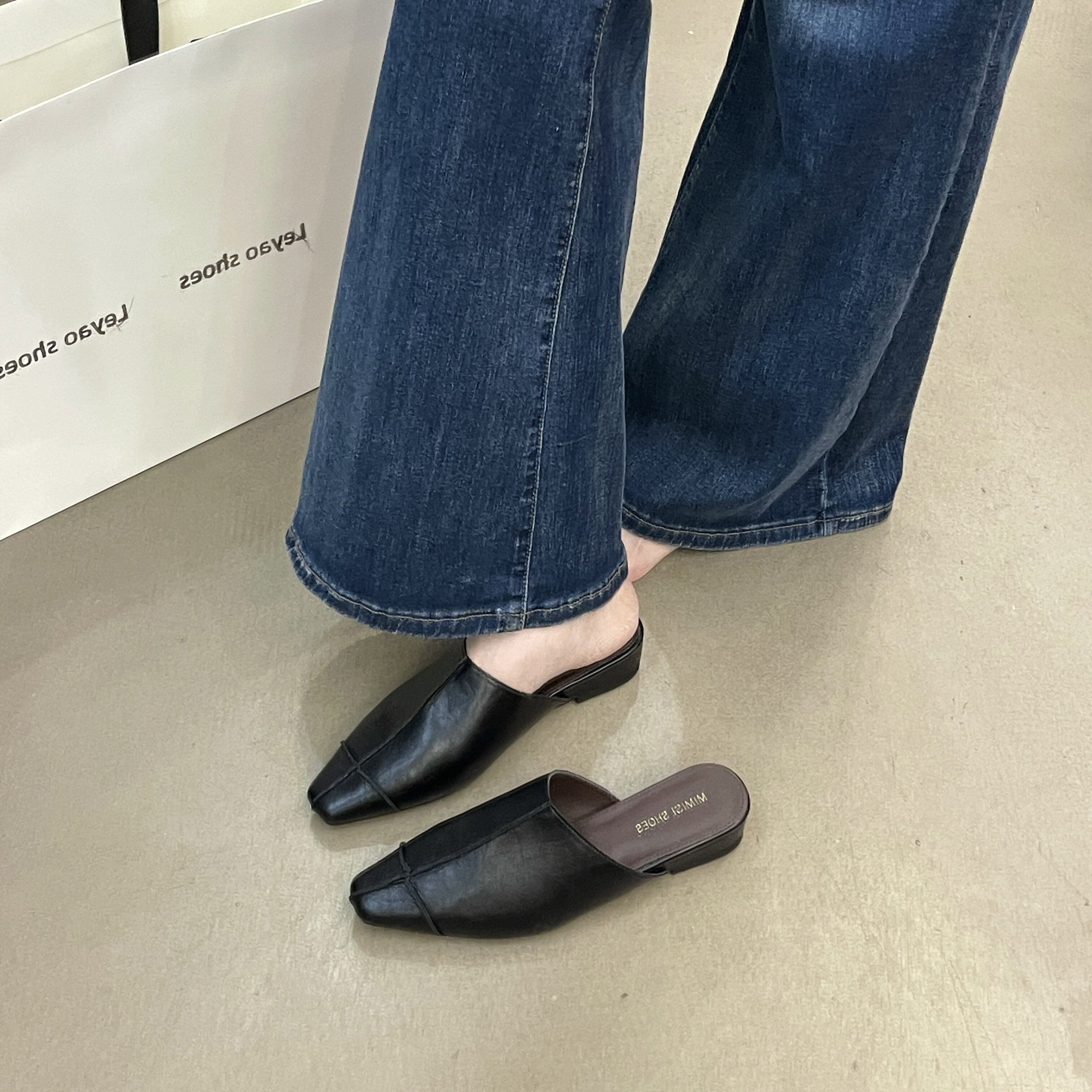 韩版方头白色一脚蹬穆勒鞋女