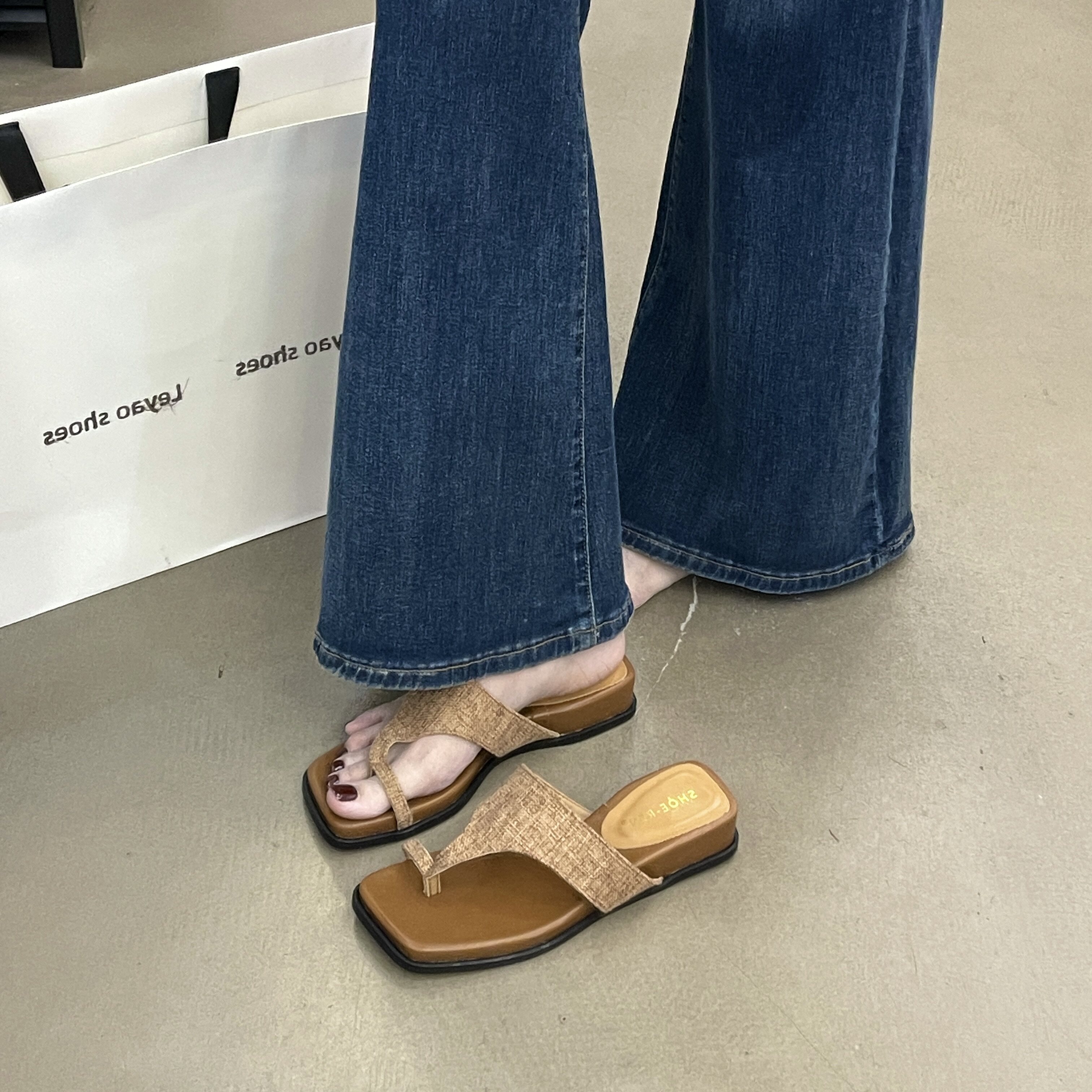 厚底一字拖女夏季外穿防滑凉拖鞋编织内增高平底鞋居家外穿拖鞋
