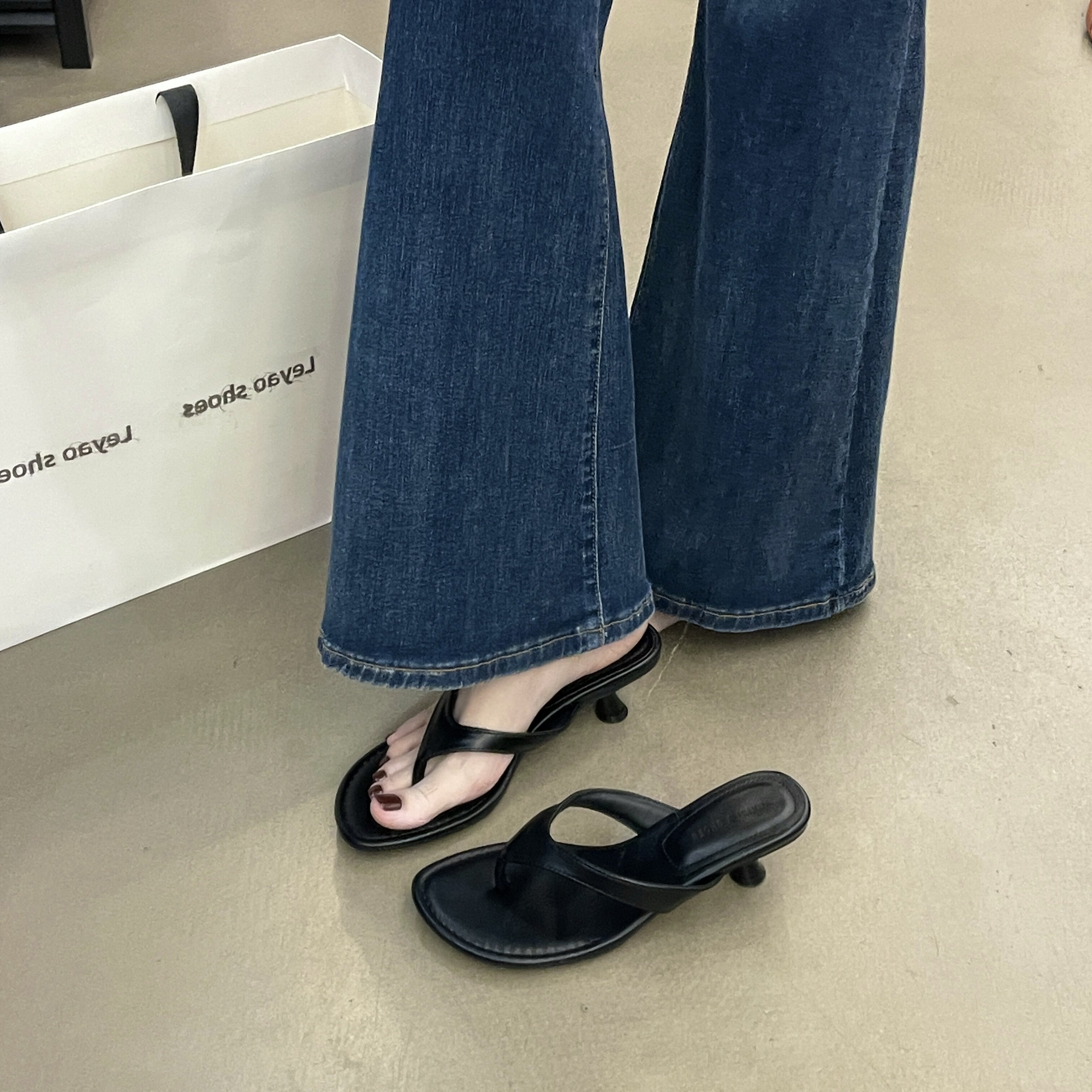 韩版黑色细高跟女夹趾人字拖