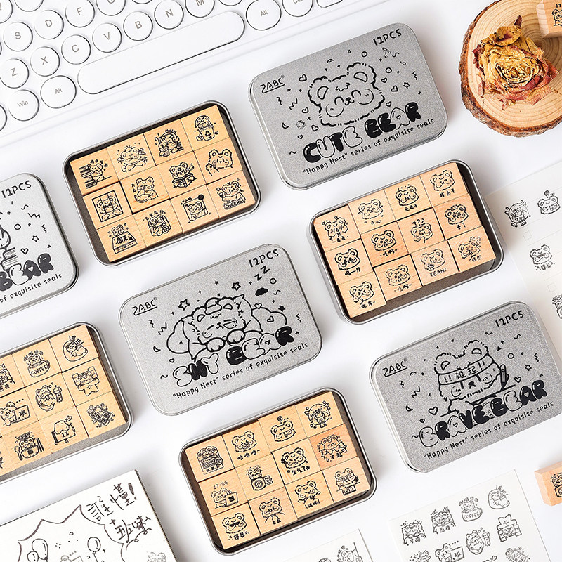 幸福小窝系列榉木印章可爱小熊装饰手帐素材印章印泥颜料伴侣
