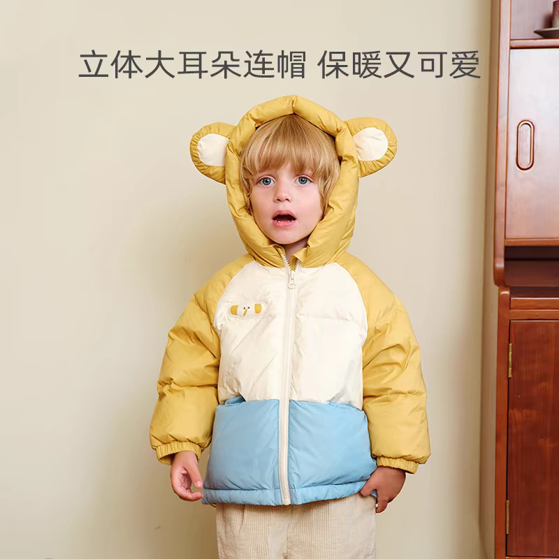 麦拉贝拉宝宝三防羽绒服外套婴幼儿连帽冬季外出保暖衣服百搭拼色