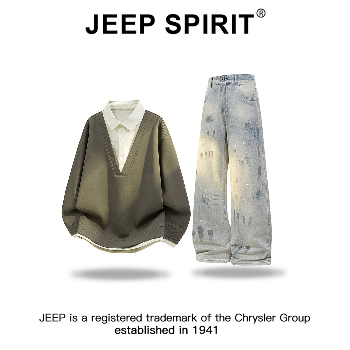 JEEPSPIRIT吉普假两件拼接撞色时尚卫衣套装男秋冬宽松休闲裤套装