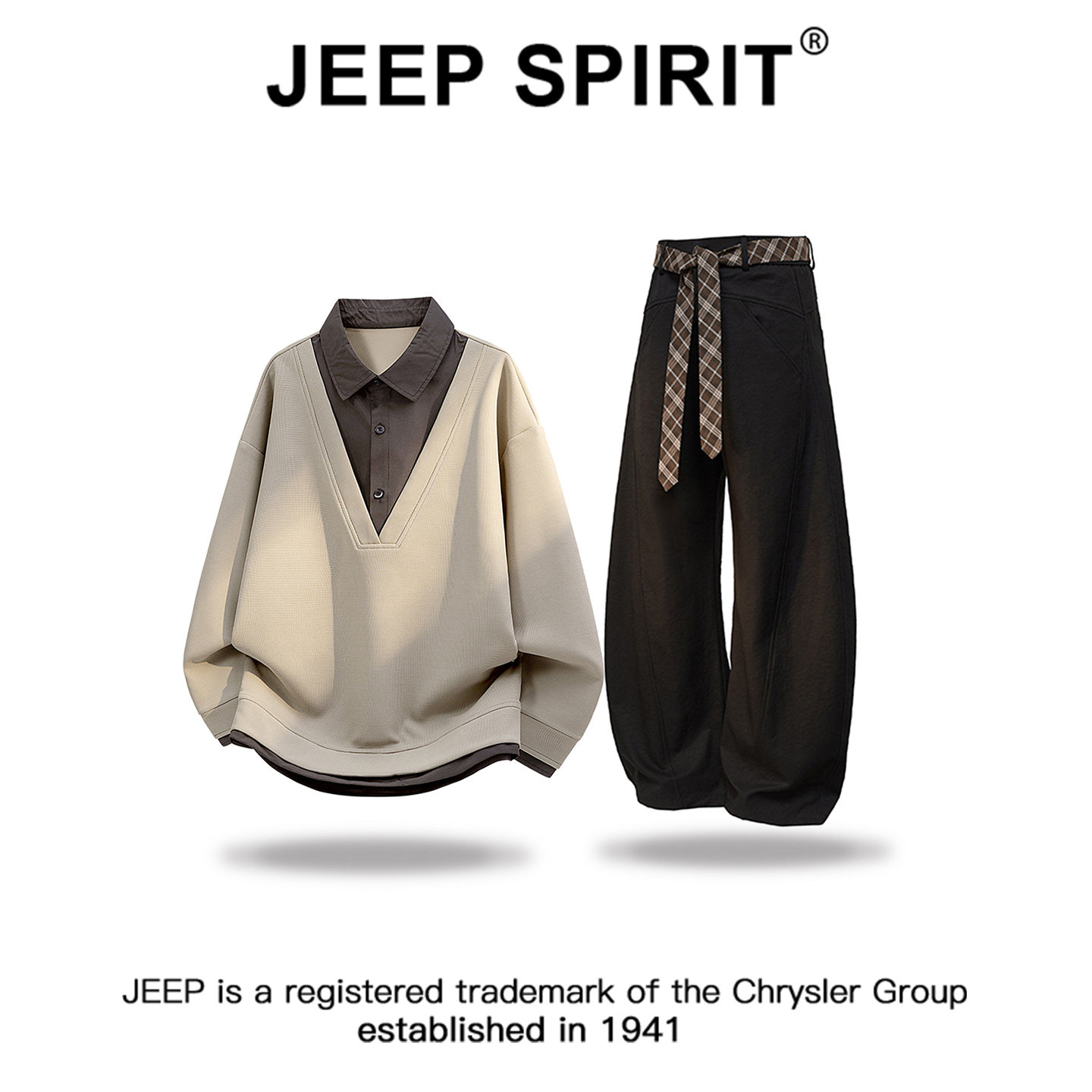 JEEPSPIRIT吉普假两件拼接撞色时尚卫衣套装男秋冬宽松休闲裤套装