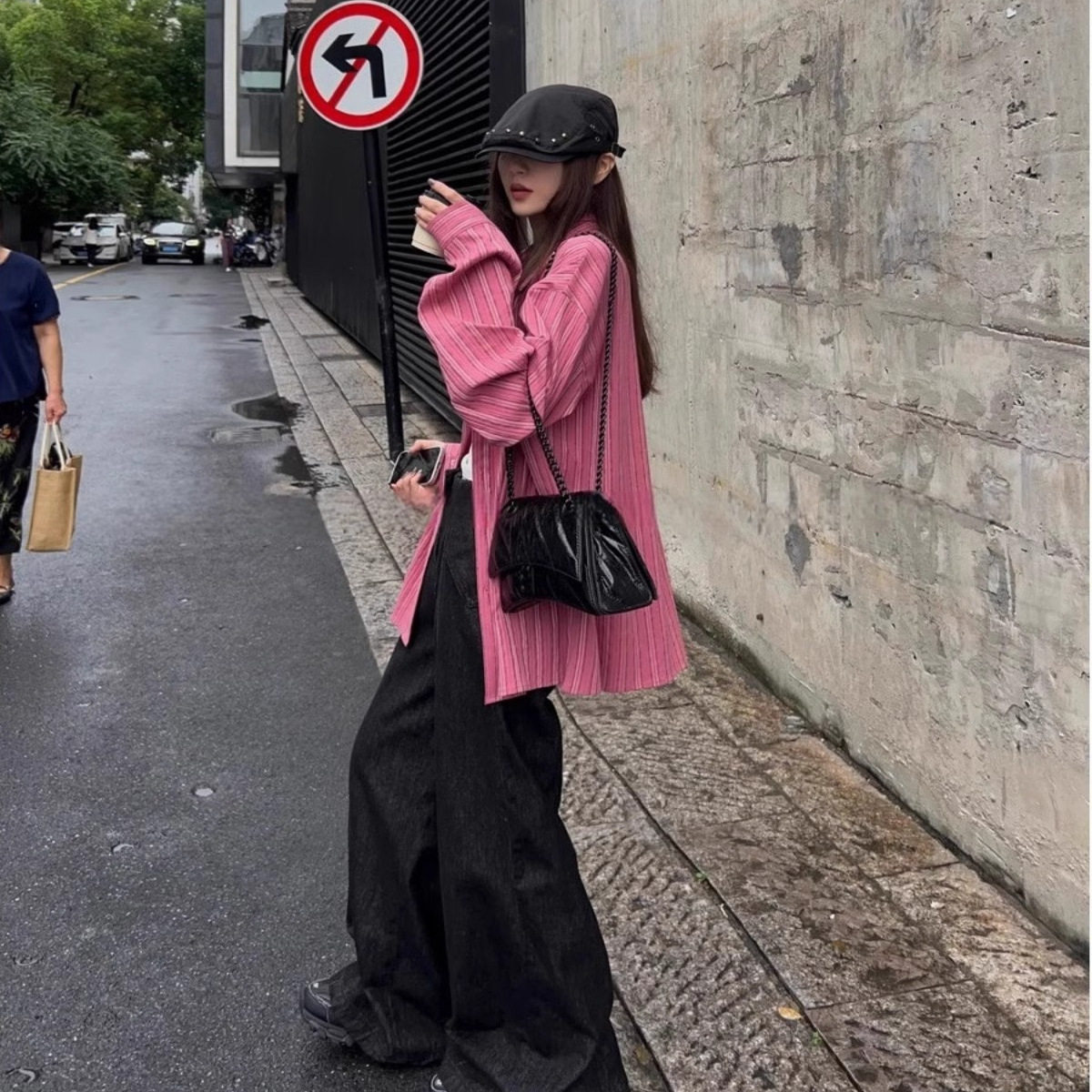 粉色条纹衬衫女慵懒港风长袖防晒图片