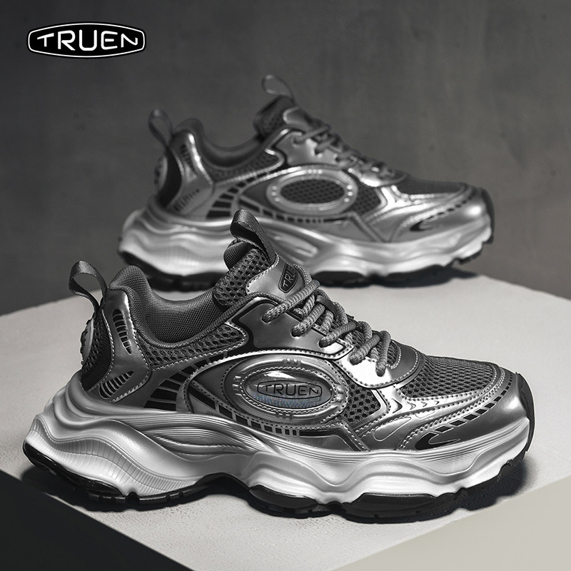 真恩男鞋欧洲站潮牌高级感夏季增高休闲透气银黑色网面运动老爹鞋