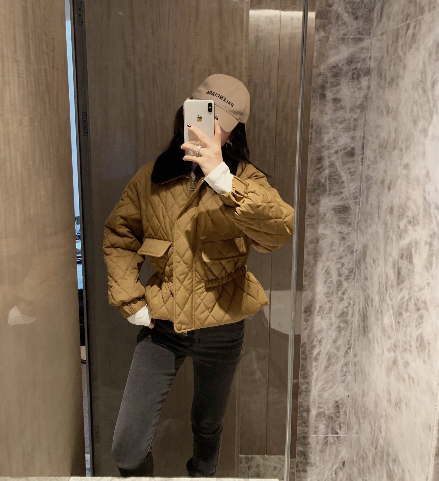 现货2019年冬季新款港风ins收腰显瘦短款菱格棉服毛领加厚短外套