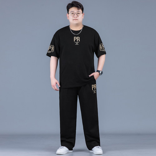 大码男士纯棉短袖T恤直筒裤套装