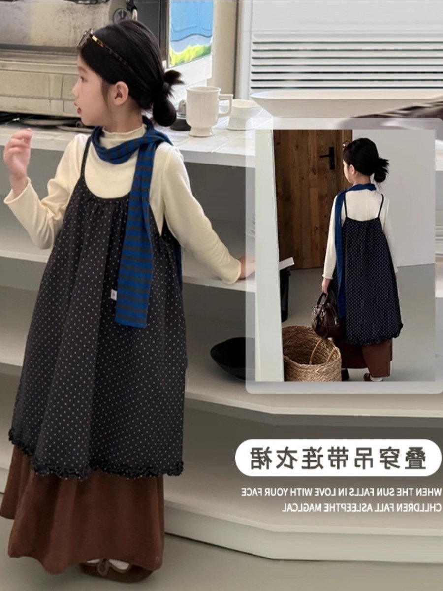 女童叠穿吊带连衣裙秋季2025新款儿童女宝宝森系时髦裙子韩版秋装