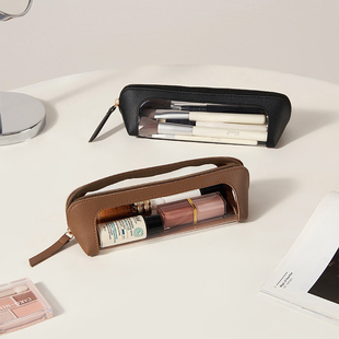 旅行洗漱包化妆包工具包防尘防水清新简约PVC拼接皮革可视收纳袋