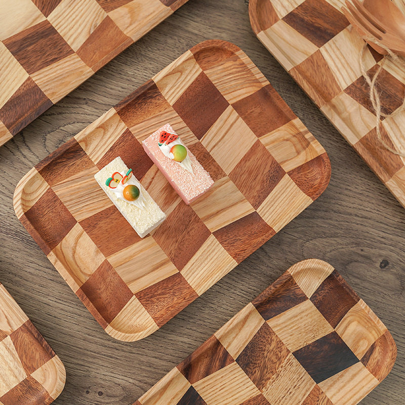 创意实木黑胡桃拼白蜡木方形格子盘餐盘茶盘实木木质复古托盘,餐饮具,盘,淘宝优惠券,粉丝福利购,淘宝优惠卷