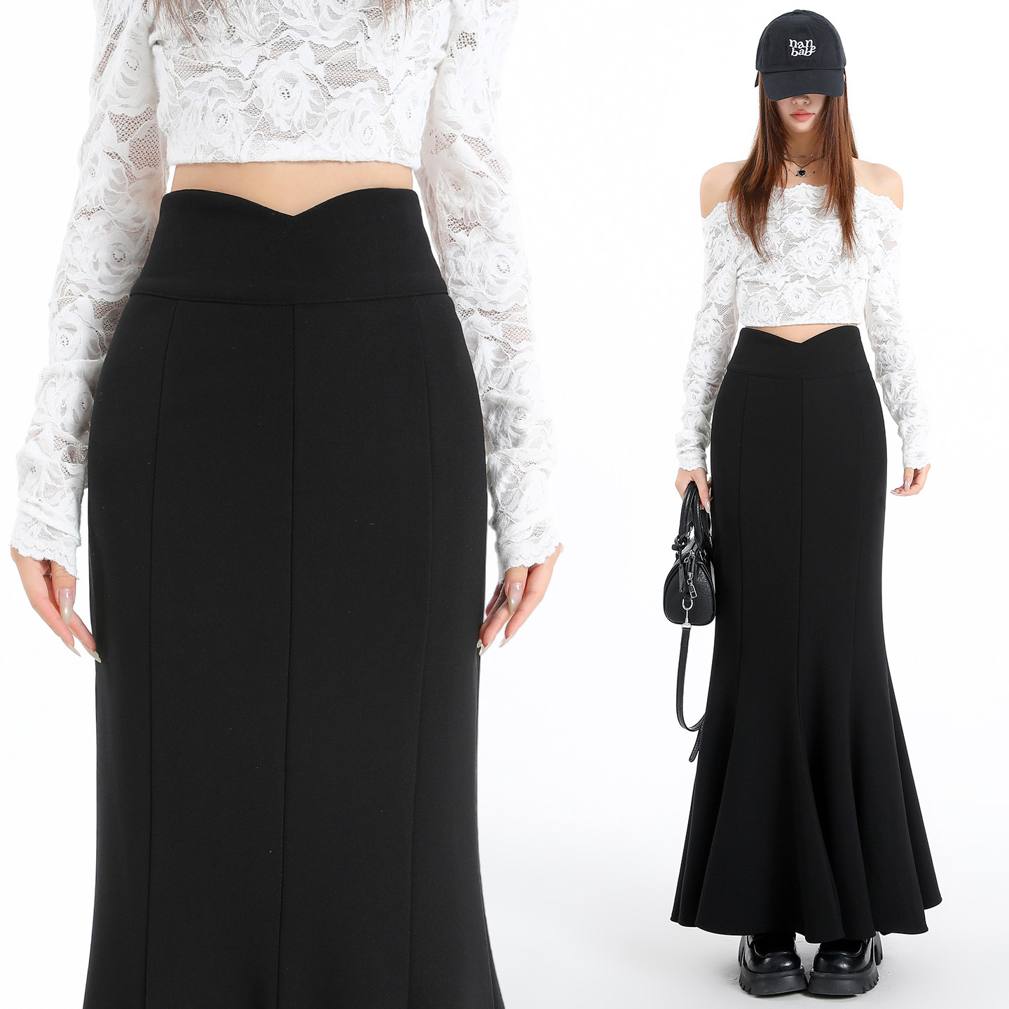 实拍 西装鱼尾裙半身裙女春季弹力高腰显瘦大摆包臀裙长款a字裙