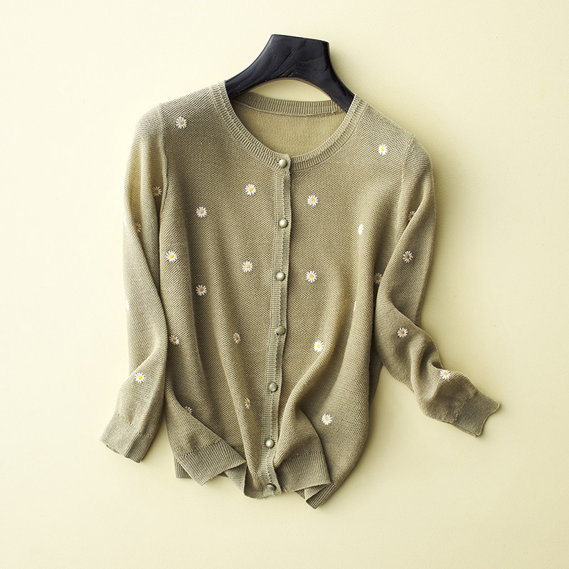 外搭开衫女 薄款迷人小雏菊刺绣 透气百搭外套女针织衫春秋空调衫