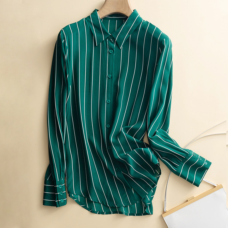 通勤复古气质海藻绿色宽松条纹印花真丝衬衫女春夏新款桑蚕丝衬衣