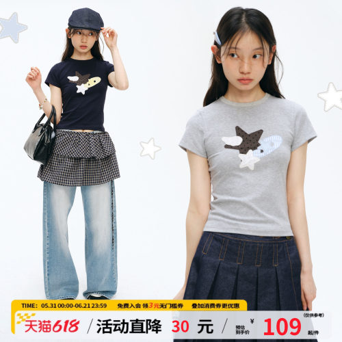 江南先生NewJNXS'布星'波点肌理贴布绣T恤夏季轻薄紧身正肩短袖女