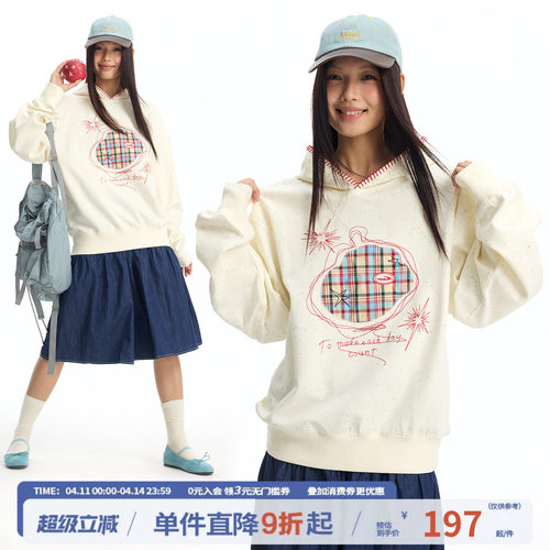 江南先生NewJNXS竹节棉彩点苹果刺绣连帽卫衣春宽松落肩上衣男女