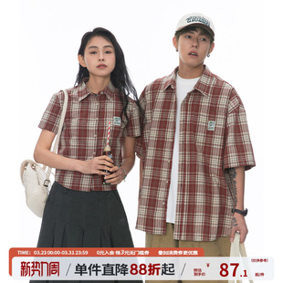 男女夏潮休闲宽松外套 衬衫 江南先生NewJNXS美式 复古椰树格子短袖