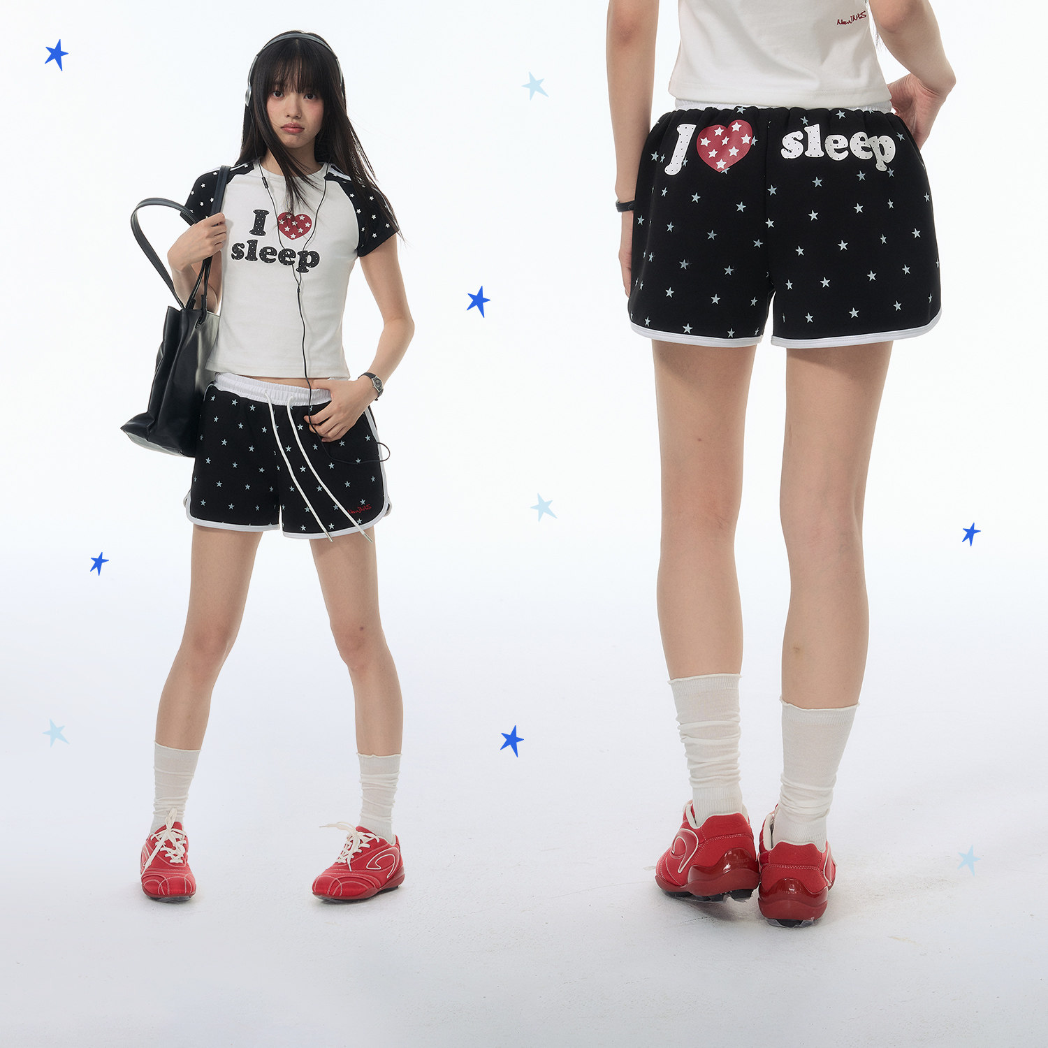 江南先生NewJNXS'爱星'撞色满印星星短裤夏季字母刺绣休闲热裤女图片