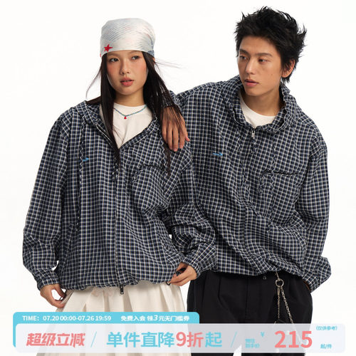 江南先生NewJNXS格纹休闲连帽开衫外套宽松刺绣logo百搭卫衣男女