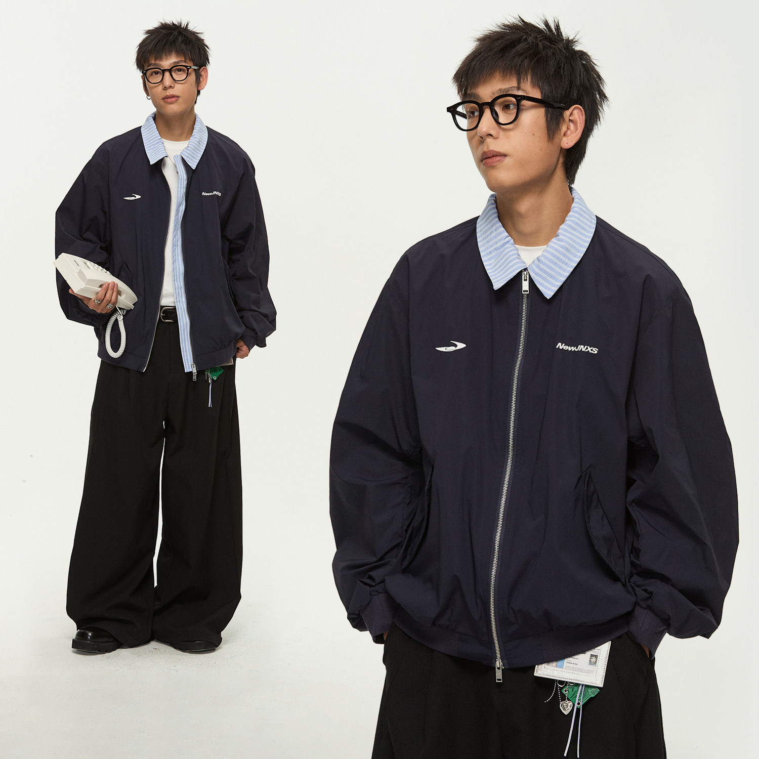 江南先生NewJNXS斜纹梭织撞色假两件翻领棒球服秋休闲宽松外套男图片
