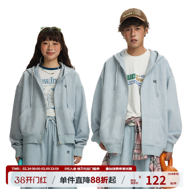 江南先生NewJNXS美式复古仿麂皮长短款开衫卫衣春情侣装宽松外套