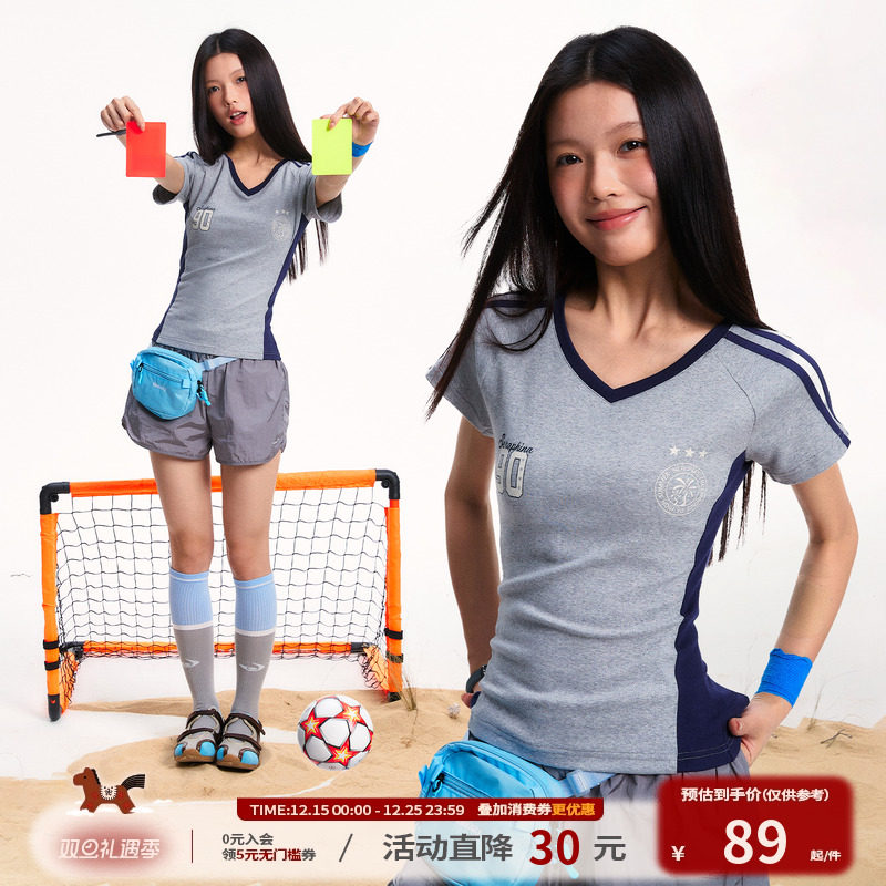 江南先生NewJNXS撞色拼接胶印弹力v领短袖夏季运动修身正肩T恤女