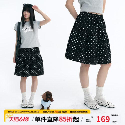 江南先生NewJNXS法式复古高密尼龙A字伞裙立体打褶满印波点半身裙