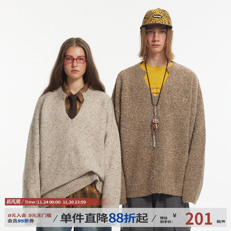 江南先生NewJNXS美式v领套头圈圈纱毛衣男女秋慵懒宽松针织衫外套