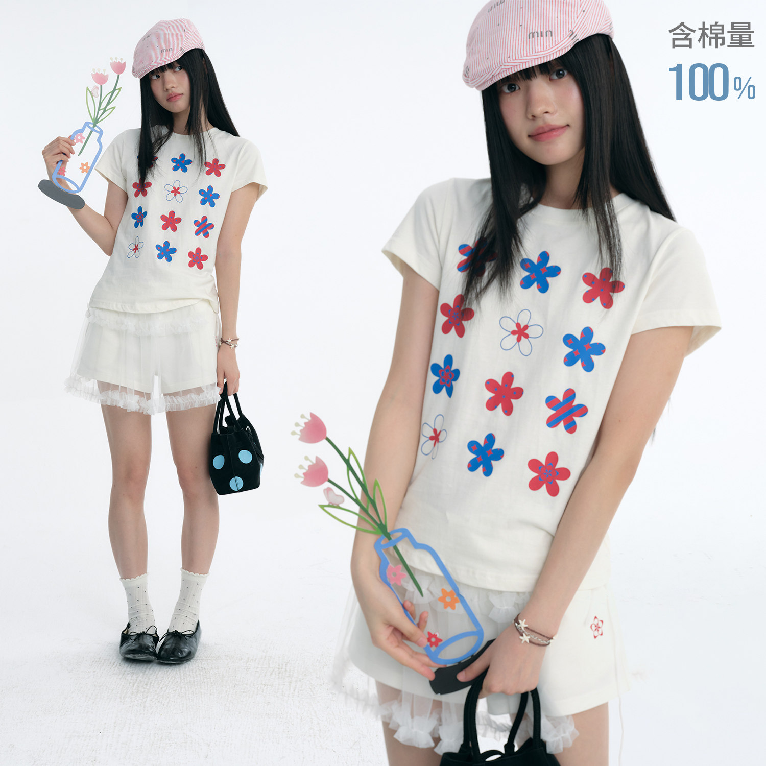 江南先生NewJNXS'花梦'彩纱胶印纯棉短袖夏修身显瘦短款正肩T恤女图片