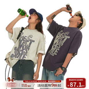 tee T恤男夏潮宽松装 江南先生NewJNXS美式 复古字母磨砂印重磅短袖