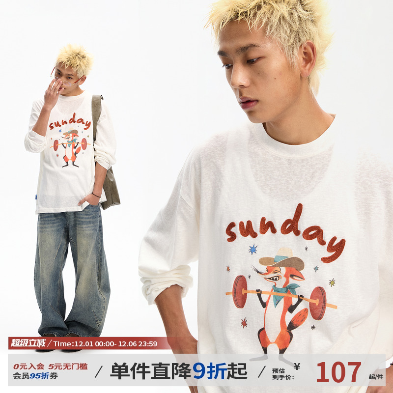 江南先生NewJNXS美式印花链条绣长袖T恤夏男女宽松空调罩衫打底衫