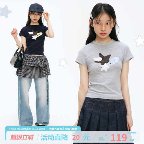 江南先生NewJNXS'布星'波点肌理贴布绣T恤夏季轻薄紧身正肩短袖女