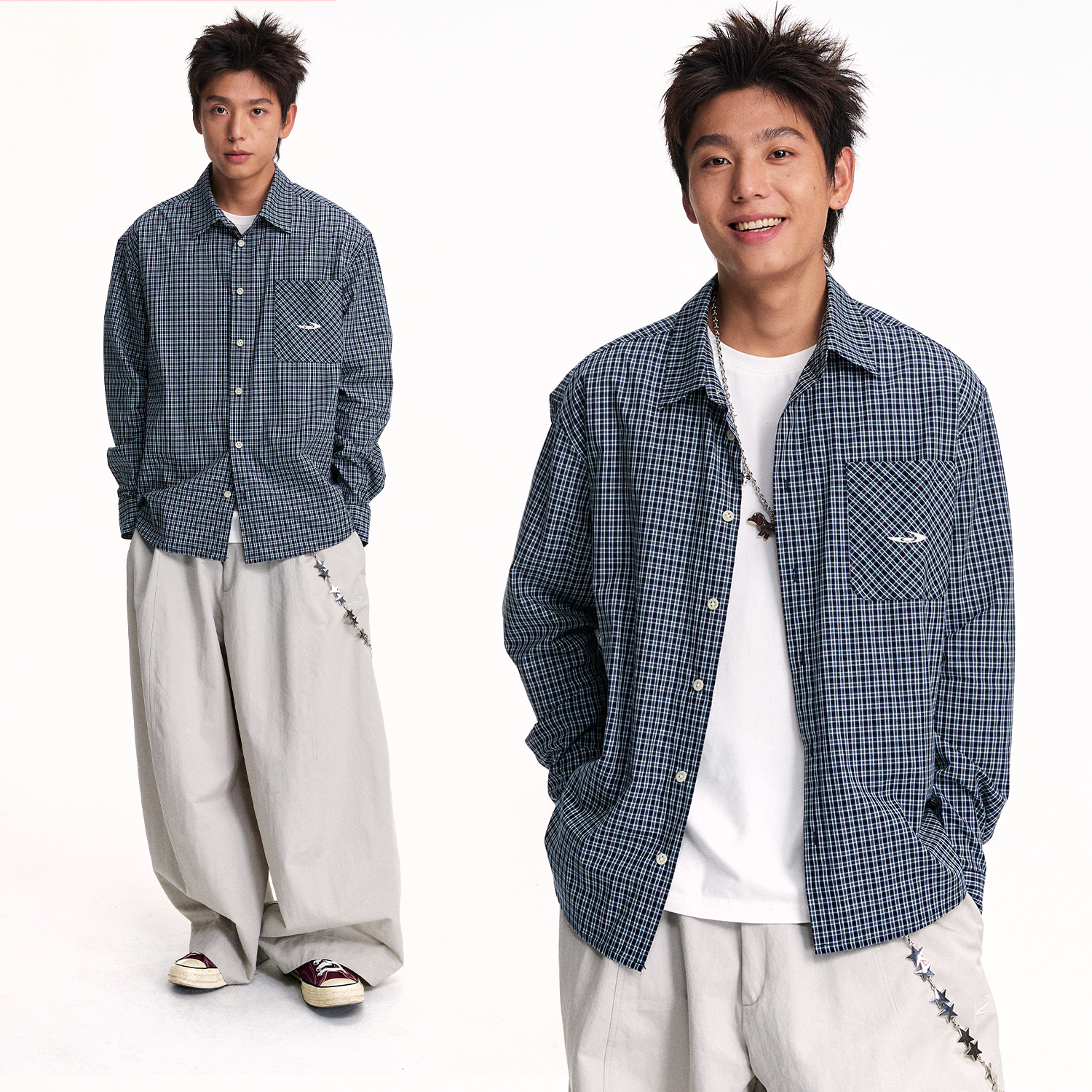 江南先生NewJNXS美式复古高支棉双色格纹衬衫男款宽松格子衬衣