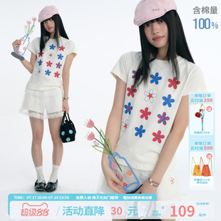 江南先生NewJNXS'花梦'彩纱胶印纯棉短袖夏修身显瘦短款正肩T恤女
