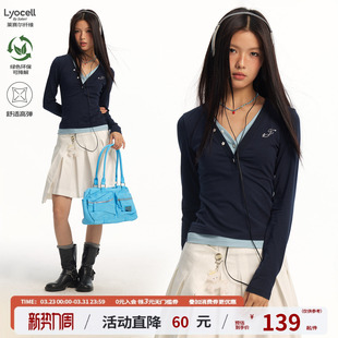 江南先生NewJNXS字母烫钻V领假两件长袖 上衣女 T恤春星星纽扣修身