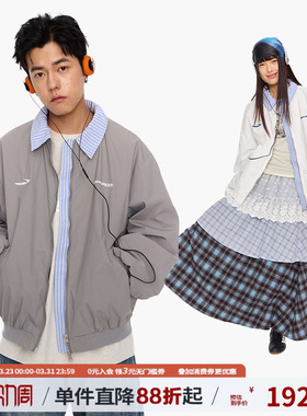 江南先生NewJNXS美式复古绣花假两件翻领棒球服春秋男女夹克外套