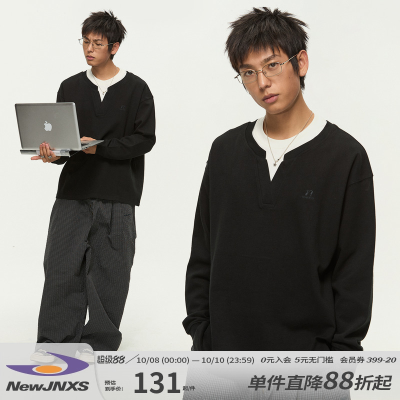 江南先生NewJNXS重磅假两件长袖T恤男女秋季叠穿宽松logo绣花上衣