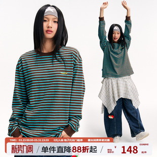 江南先生NewJNXS纯棉280g撞色条纹长袖 T恤男女宽松休闲印花上衣春