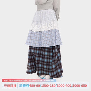 江南先生NewJNXS复古格纹蓝色蕾丝拼接半身裙春秋女长款格子半裙