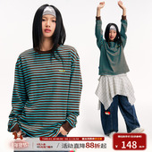 江南先生NewJNXS纯棉280g撞色条纹长袖 T恤男女宽松休闲印花上衣春