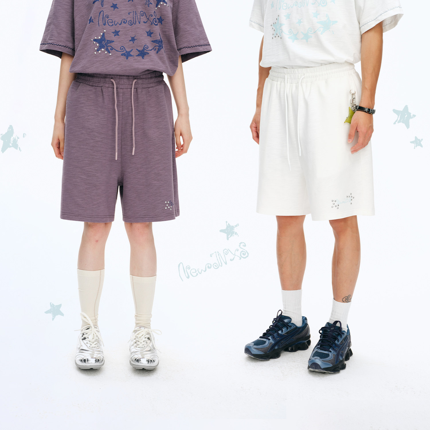 江南先生NewJNXS竹节平纹针织五分裤夏星星烫钻宽松休闲短裤男女图片