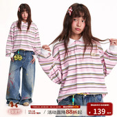 陈思罕同款 江南先生NewJNXS美式 复古皮标条纹长袖 POLO衫 男女