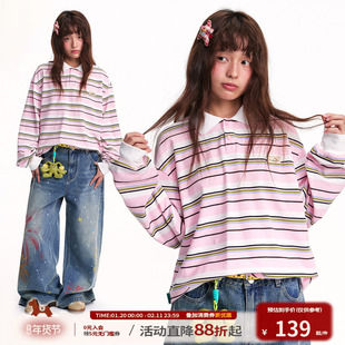 【陈思罕同款】江南先生NewJNXS美式复古皮标条纹长袖POLO衫男女