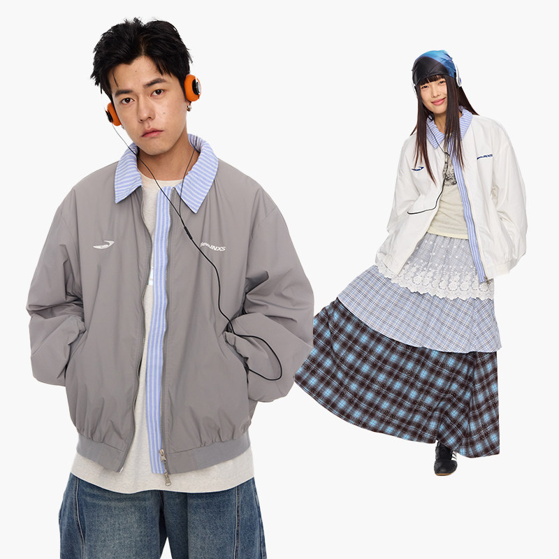 江南先生NewJNXS双界美式复古绣花假两件翻领棒球服男女夹克外套