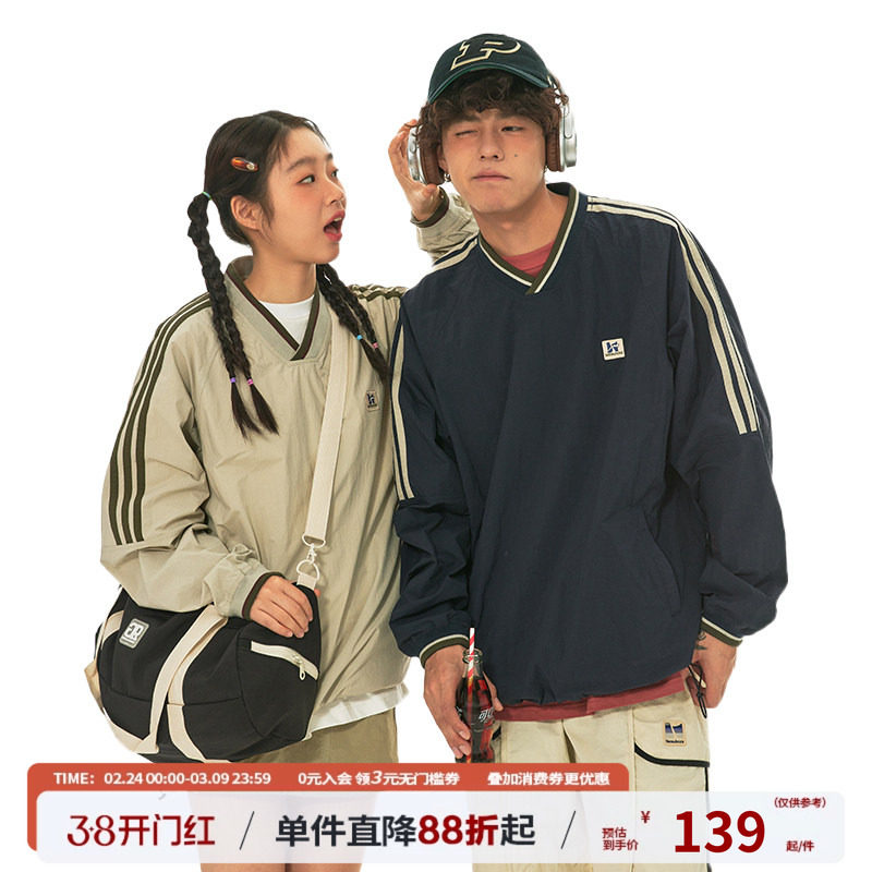 江南先生NewJNXS美式复古织带V领插肩袖情侣卫衣潮男女宽松上衣春