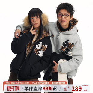 江南先生NewJNXS猫耳仿貂毛内里豹纹贴布宽松连帽卫衣外套冬男女