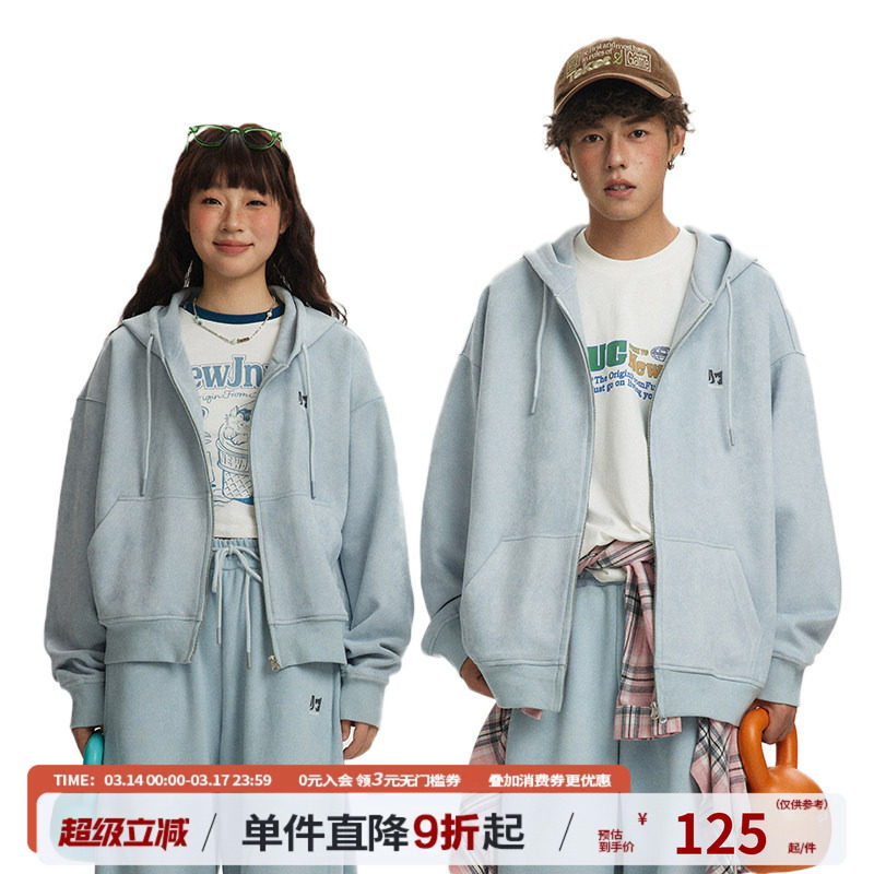 江南先生NewJNXS美式复古仿麂皮长短款开衫卫衣春情侣装宽松外套