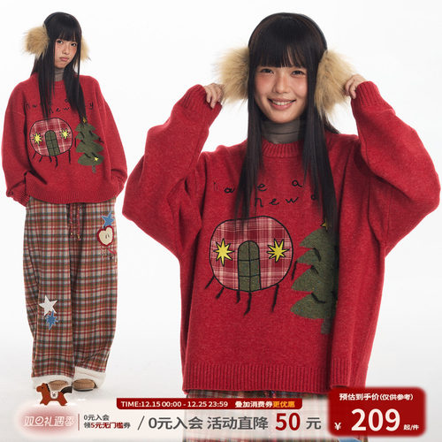 江南先生NewJNXS软糯百花绒贴布苹果彩点圣诞树毛衣冬保暖针织衫