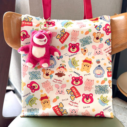 草莓熊帆布袋拉链单肩包学生资料袋美术手提大容量补习毛绒公仔